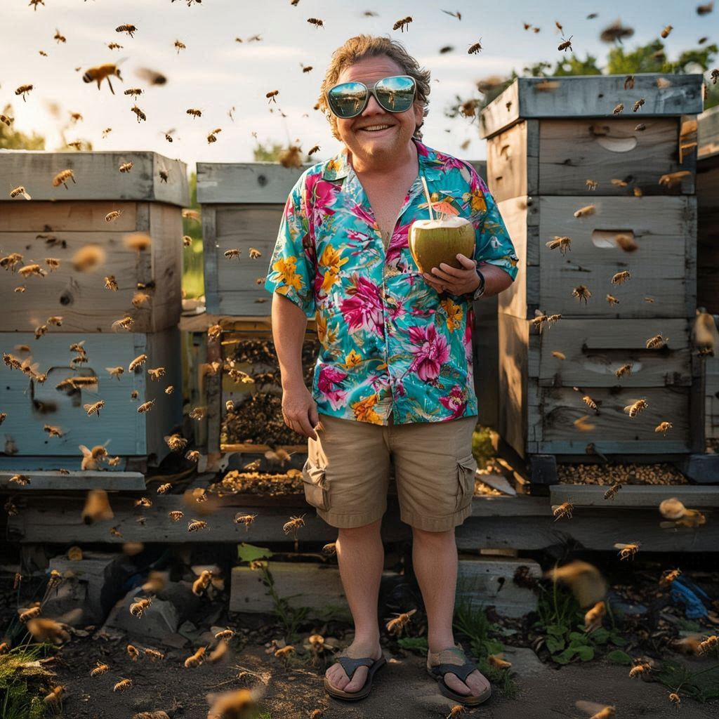 How NOT to show up to an apiary — flip flops, hawaiian shirt, and a coconut drink