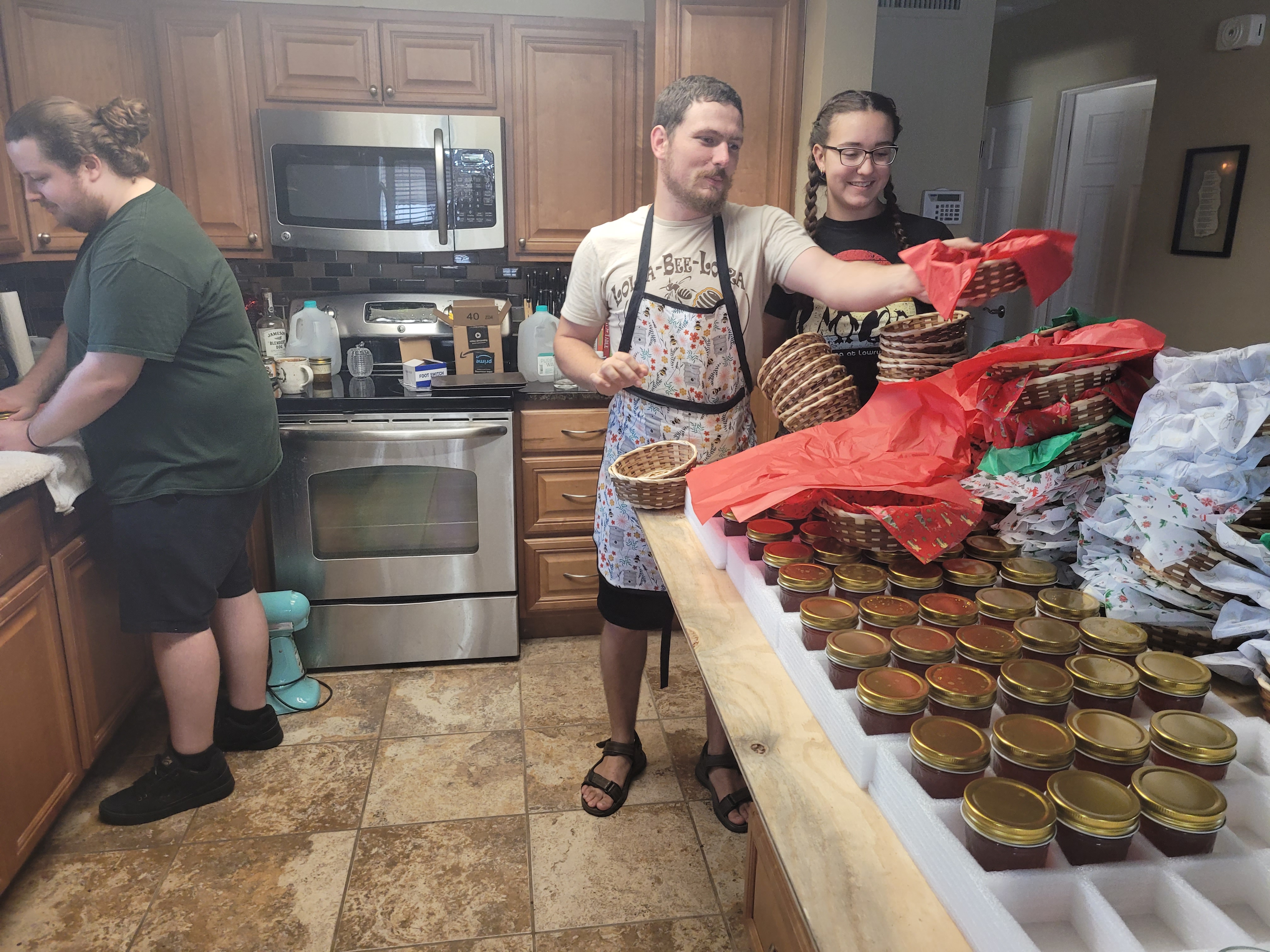 Bottling honey jars and making gift baskets
