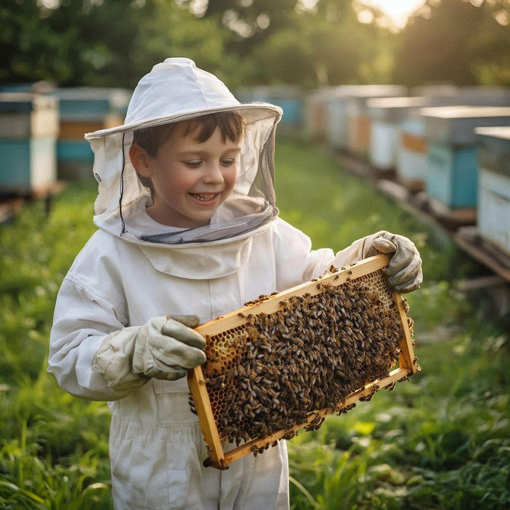Young beekeeper in full suit holding a frame of bees and smiling